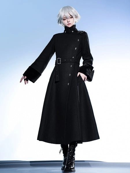 Black Ouji Lolita Stand Collar High Neck Woolen Coat