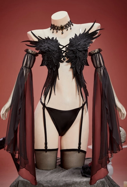 Halloween Gothic Black Sexy Fallen Angel Suit Wings-shaped Top and Thong with Sleeves and Stockings