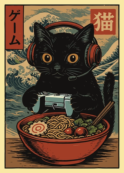 Displate - 'Gamer Cat with Ramen' Poster, picture, metal print, paint by Nature Canvas