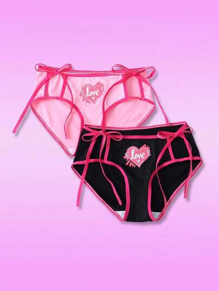 Notgurli 2pcs/Set Pink/Black Pink Heart Print Women's Hipster Panties, Sexy Hollow-Out Side Tie - Size M