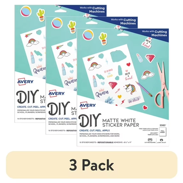 (3 pack) Avery Sticker Paper, 8.5" x 11", Matte White, 15 Sheets (3383)