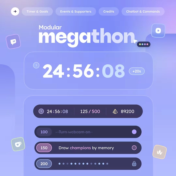 Modular Megathon ⟢ up to (100) Goals • Timer, Top Supporters, Total Events & More • Twitch, Youtube Ko-fi Pally Throne ⋮ Streamelements OBS - Etsy