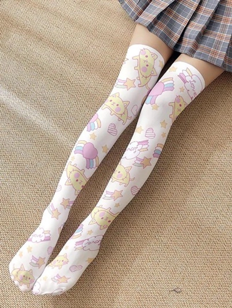Cartoon Cat Print Over The Knee Socks, Cozy - Size one-size