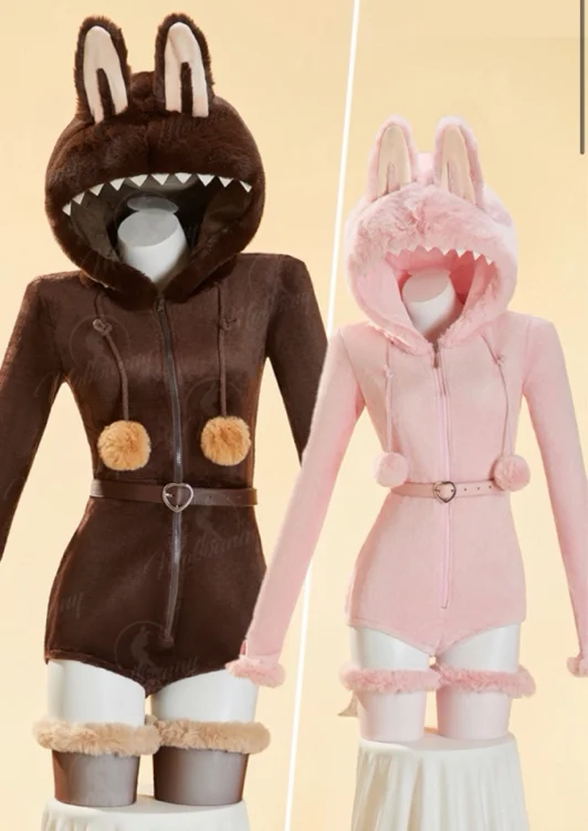 Plush Doll Derivative Sexy Cosplay Costume Furry Home Wear Hooded Romper with Tail and Socks