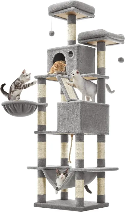 Feandrea Large Cat Tree 206 cm Tall XXL Cat Tree with 13 Scratching Posts, 2 Platforms, 2 Caves, Basket, Hammock, Plush Balls, Light Grey PCT190W01 : Amazon.com.be: Pet Supplies