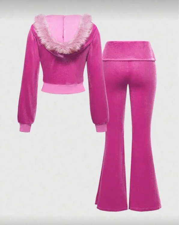2pc Velvet Cropped Hoodie and Flare Pant Set