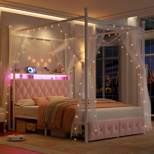 Wrought Studio™ 👑 LED Canopy Bed Frame with USB Charging & Drawers, Metal Bed Frame with 2-Tier Shelves, Canopy Bed Convertible to Platform Storage Bed & Reviews | Wayfair