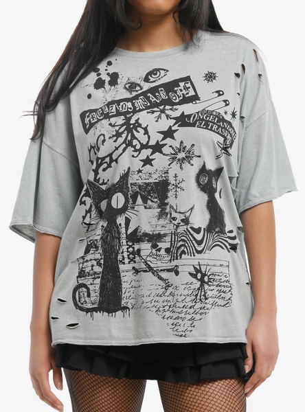 Social Collision Grunge Cat Doodle Girls Oversized T-Shirt