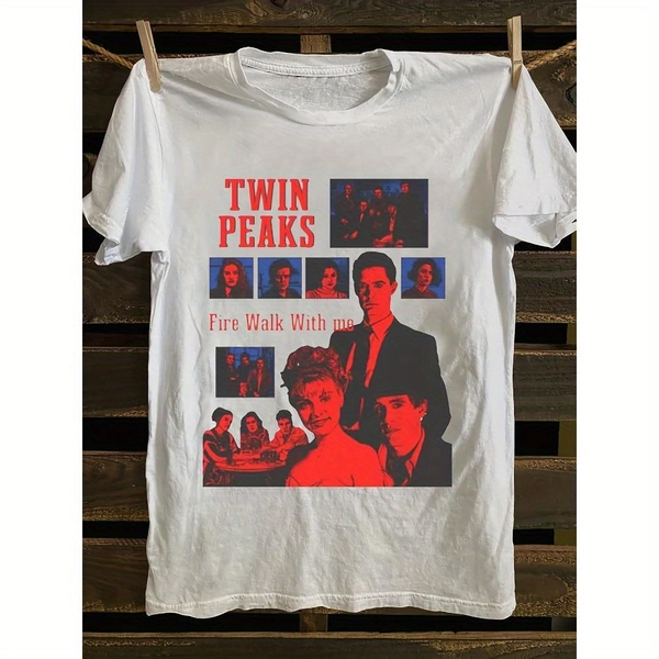 T-Shirt mit Grafikdruck für Damen - "Fire Walk with Me"-Design, rote & blaue Charaktercollage, lässiges Kurzarm-Crew-Neck-Oberteil, atmungsaktives Material, Vintage-Wochenend-Stil, unverzichtbar für Pop-Kultur-Enthusiasten, Damen-T-Shirts