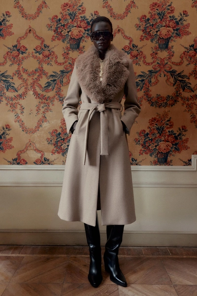 WOOL COAT WITH FAUX FUR LAPEL AND BELT