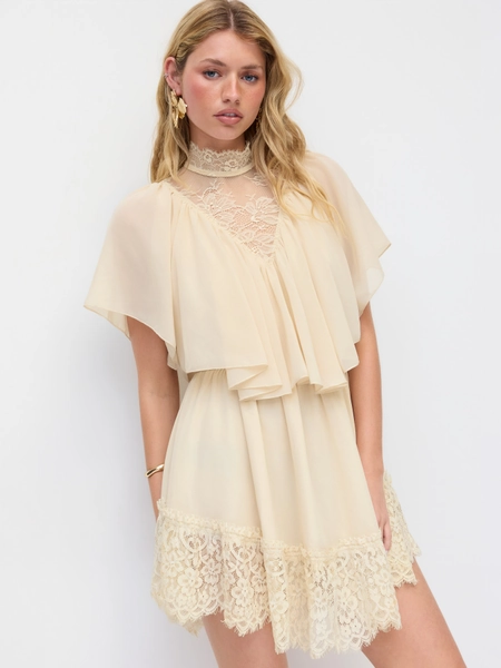 Cotton-blend Chiffon Stand Collar Lace Trim Ruffle Mini Dress