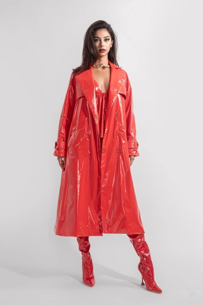 Straight Coat RED Latex Look | Classic Outwear Statement Piece Women Clothing Overcoat Leather Topcoat Trench Mackintosh Jacket Red Long
