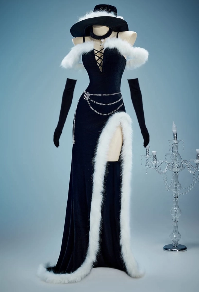 Yor Derivative Christmas Gothic Black Dress Set Dark Witch Style Furry Dress with Hat Gloves
