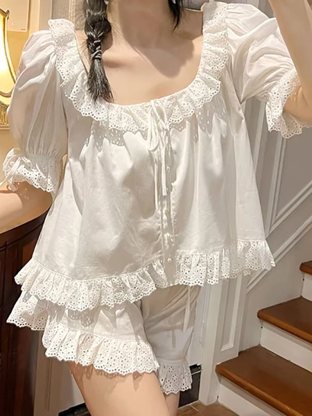 Women French Sweet Victorian Lolita Ruffle Lace Trim 2Pcs Pajama Set Short Sleeve Vintage Princess Soft Breathable Lightweight - AliExpress 200574005