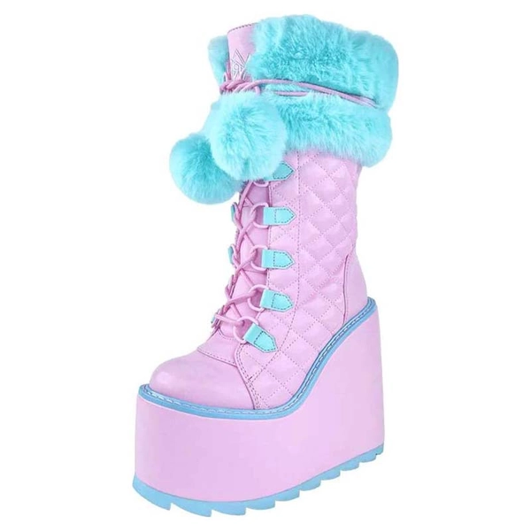 Lib Round Toe Ankle Highs Platforms Cute Anime Double Color Lace Up Wedges Boots - Pink Blue Faux Leather in Sexy Boots - $225.69