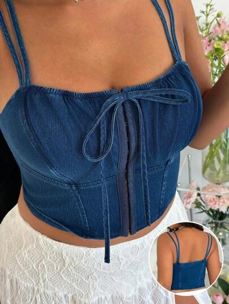 GalTyme Plus Size Summer Casual Denim Camisole Summer Carnival Costume Commuting Vacation Graduation Chic Y2k Cute Streetwear Coquette Party Wedding Elegant Business Casual Woman Business Beach Graduation Women Strappy Denim Bustier Top Tie Front Slim Fit
