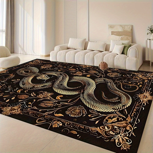 Living Room Bedroom Area Rug, Black And Golden Floral Border with Coiled Golden Snake Pattern, Area Mat, Suitable for Living Room Indoor Outdoor Bedroom Office Dining Room Entrance Mat, Home Decor, Room Decoration Area Carpet