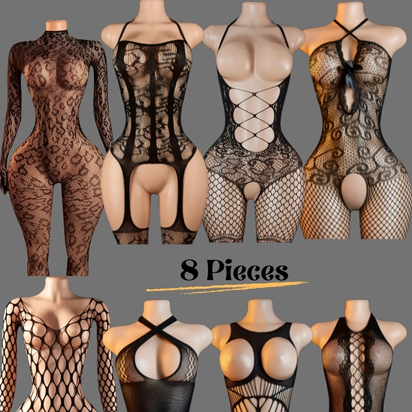 8 stuks Plus Size Verleidelijk Uitgesneden Lingerie Bodystocking, Dames Transparant Jacquard Visnet Bodysuit