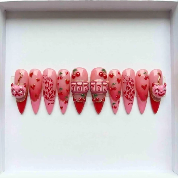 Lucky 777 Casino Pink Cherry Press on Nails, Luxury Handmade 3D Slot Machine & Leopard Art, Y2K Mcbling Coquette Nails Set - Etsy