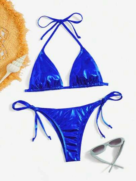 Metallic Triangle Tie Side Bikini Set