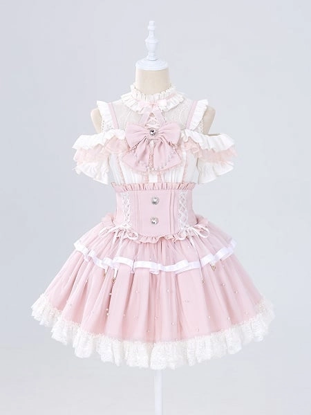 [$44.00]Allover Beads Pink High Waist Jirai Kei Skirt with Lace Up and Shirring Waist