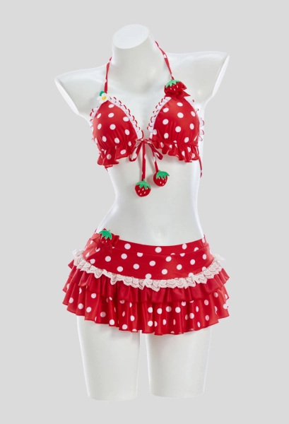 Cute Strawberry Bikini Set Retro Polka Dot Swimsuit with Bow