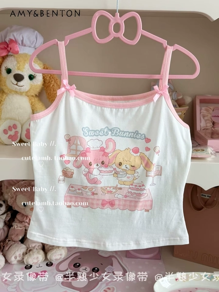 Bonito dos desenhos animados impresso arco estilingue colete roupas femininas verão nova doce menina kawaii colheita topos y2k sexy curto tanque topo todos combinando - AliExpress 