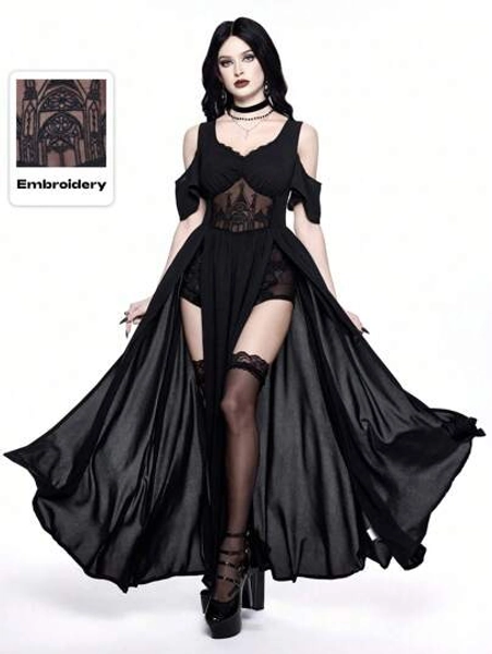 ROMWE Gothic Embroidered Hollow Pattern Deep V-Neck Off Shoulder High Slit Dress, Women Summer Prom Outfit Women Dresses Elegant Gown