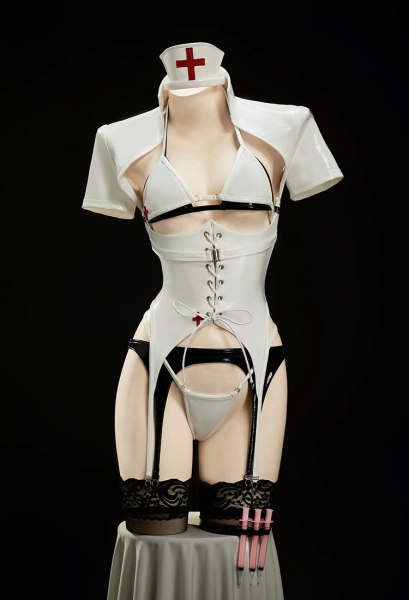 Tifa Derivative Cosplay Lingerie White Nurse Uniform Cut Out Bodysuit with Black and White Bra and Thong
