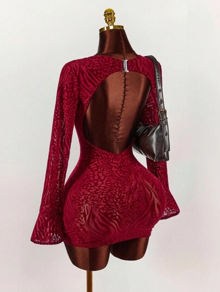  Y2K Amplova Sequin Skirt Christmas New Year Thanksgiving Party Elegant Women's Red Mini Dress, Leopard Print Flocked, Sexy Backless, Sheer Mesh Sleeves, Front Slit, Autumn/Winter,Party Dresses For Women