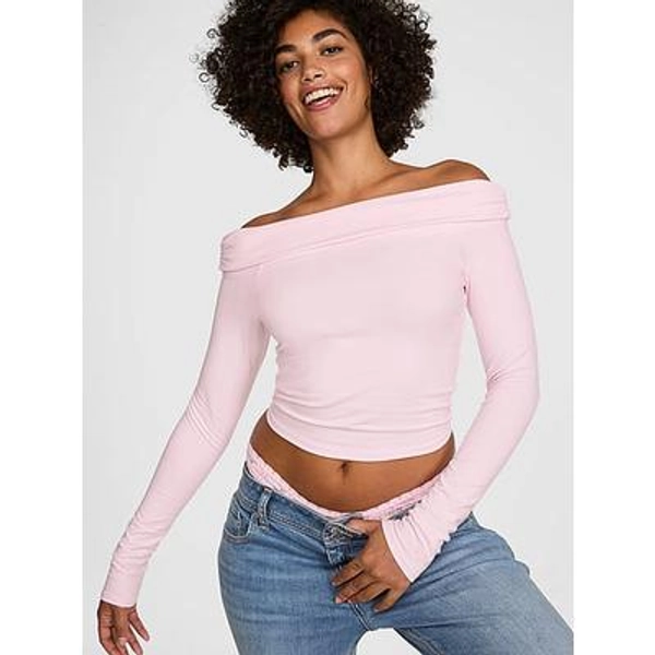 All-Day Cotton™ Off-The-Shoulder Cropped Top, Pink, L - Women's Tops - PINK