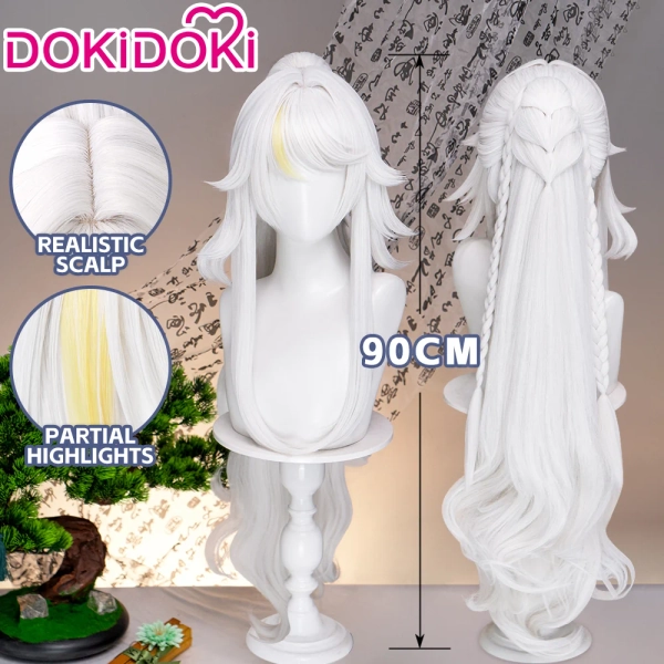 【Ready For Ship】DokiDoki Game Genshin Impact Zibai Wig Long Silver Yellow Highlight Hair Half-up Braided Ponytail The White Horse Adeptus Zi Bai Luna IV - Wig Only-Ready For Ship