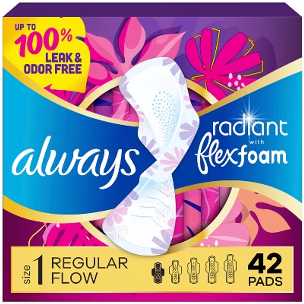 Always Radiant Regular Absorbency Pads with Wings - Scented - Size 1 - 42ct