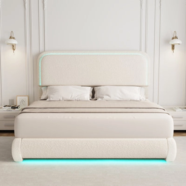 Wrought Studio™ LED Teddy Fleece Platform Bed Frame with Round Corner Upholstered Headboard