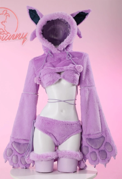 PM Derivative Furry Paw Sexy Lingerie Kawaii Bikini Purple Plush Homewear Paw Gloves Hoodie and Bra Panty with Stockings
