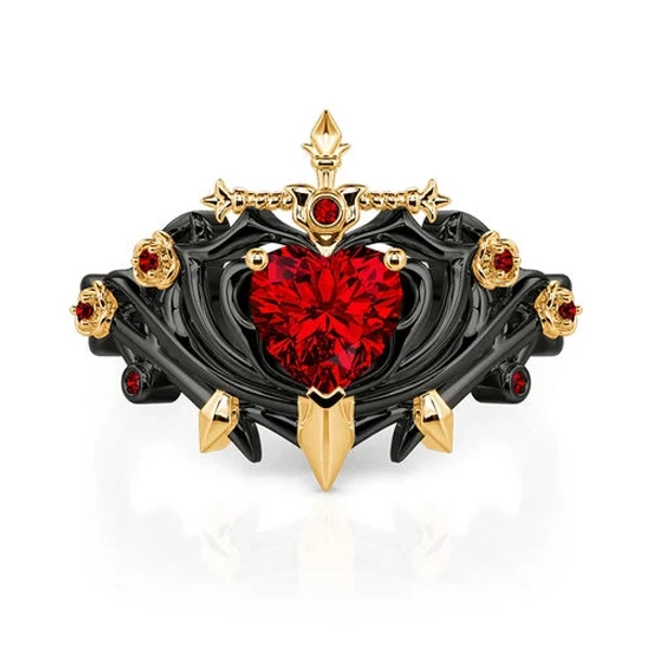 Jeulia Red Heart Sword Ring with Black Thorn Band - Jeulia Jewelry