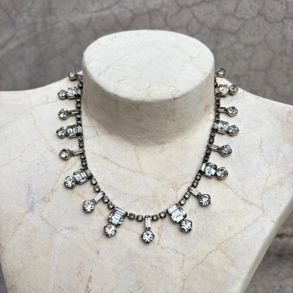 Vintage Clear Crystal Rhinestone Silver Metal Choker Necklace
