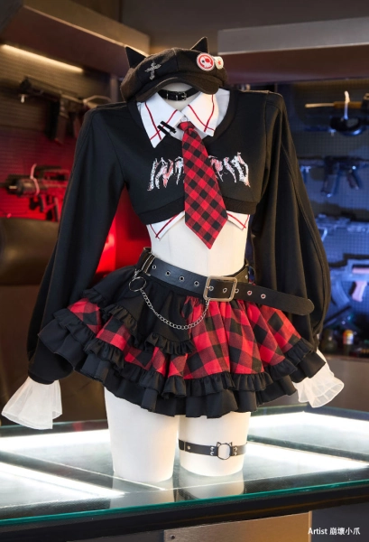 Anime Girl Cosplay Costume Black Top and Plaid Skirt with Leg Warmers and Hat