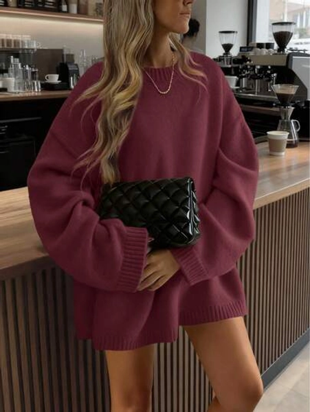 FOR BEAUTY Autumn/Winter New Solid Color Round Neck Casual Loose Long Sleeve Knit Pullover Sweater, Mid-Length, Daily Fashion Versatile, Commute Knitwear, Soft Slouchy Style, Comfortable, Valentine's Day Date New Year Top