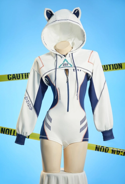Anime Derivative Sexy Cosplay Costume Cyberpunk Style White and Blue Bodysuit with High Cutout Hoodie