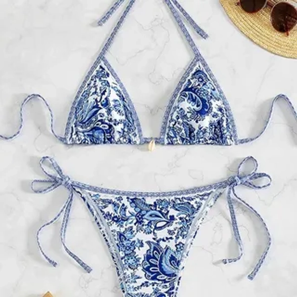 Set: Halter Floral Print Bikini Top + Tie Side Bottom