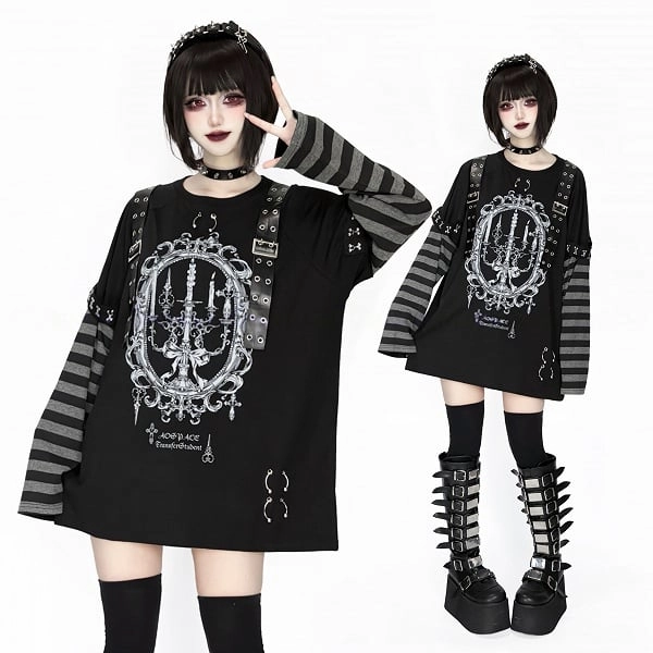 Black & Gray Punk Jirai Kei Candle Printed Leather Straps Decorated Striped Long-Sleeve Top