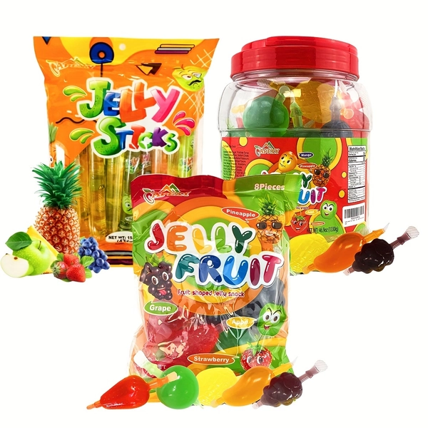TEMU 3pcs Apexy Jelly Fruit + Jelly Straw & Canned Gelatin Snacks - Freezer-friendly Chewy Gummy Candy With Strawberry, Mango, , Pineapple, Grape -