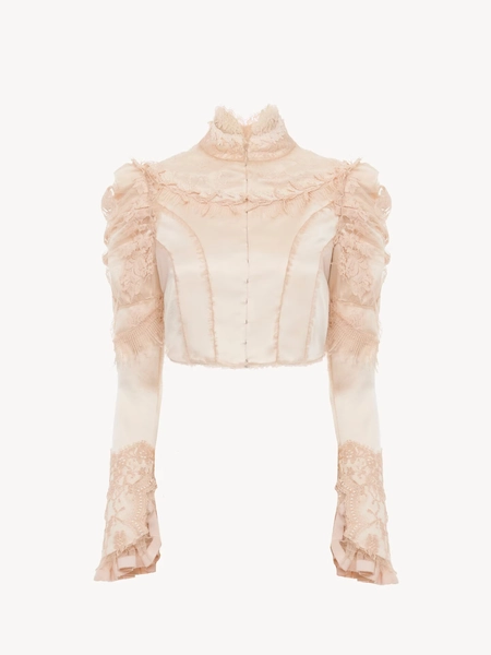 Chloe Cropped fitted jacket in silk duchess satin & lace