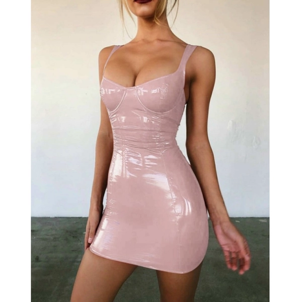 PU Suspender Dress, Sexy Nightclub Party Dress for Ladies, Shiny Strapless Dress with a Waistline