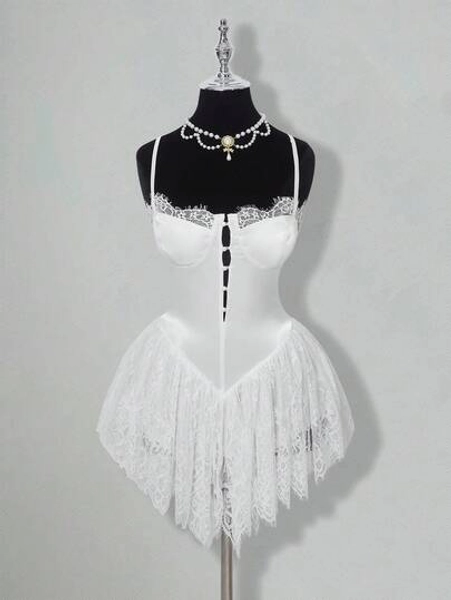 SHEIN ICON Vestido mini blanco de satén con parches de encaje para mujer