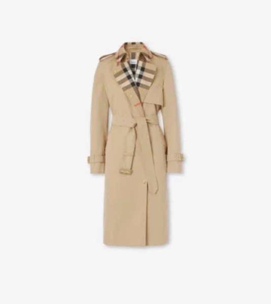 Long Check Collar Gabardine Trench Coat in Honey - Women, Cotton Gabardine | Burberry® Official