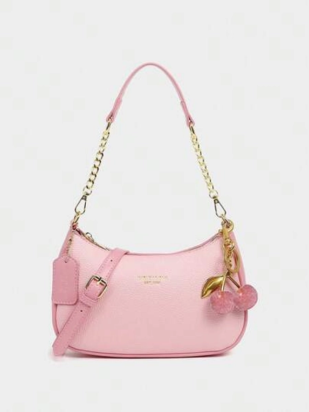 2025 New Fashion Classic Versatile Letter Graphic Design Solid Color PU Leather Crescent Shoulder/Underarm Bag, Y2K Shoulder/Underarm Bag, Suitable For Shopping, Can Be Worn Crossbody , Pink