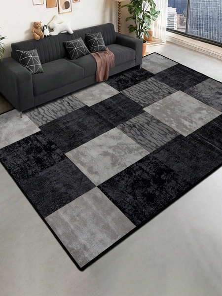 1 stuk geometrisch gestructureerd patroon vloerkleed, zwart-witgrijs bedrukt polyester rechthoekig gemakkelijk te onderhouden wasbaar vloerkleed, geschikt voor woonkamer, gang, nachtkastje, woonkamer, slaapkamer, kantoor, keuken, boerderijhuisinrichting