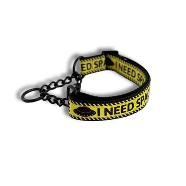 Caution I Need Space Martingale Dog Collar: Alien UFO Pattern, Metal Chain or Nylon Loop, Optional Buckle